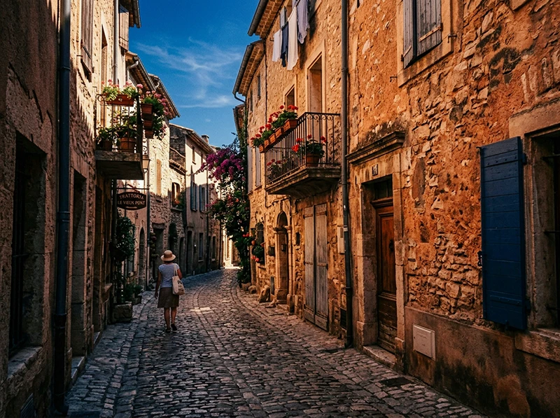 European street travel photo edited with Kodachrome 64 Lightroom preset showing warm orange tones and deep blue sky