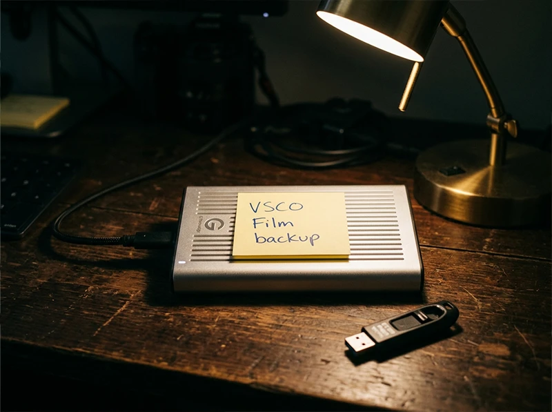 External hard drive and USB drive with VSCO Film backup note representing local preset storage