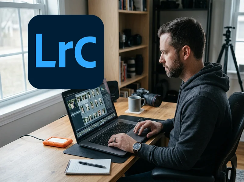 Photographer at a desktop computer with Lightroom Classic Library module open