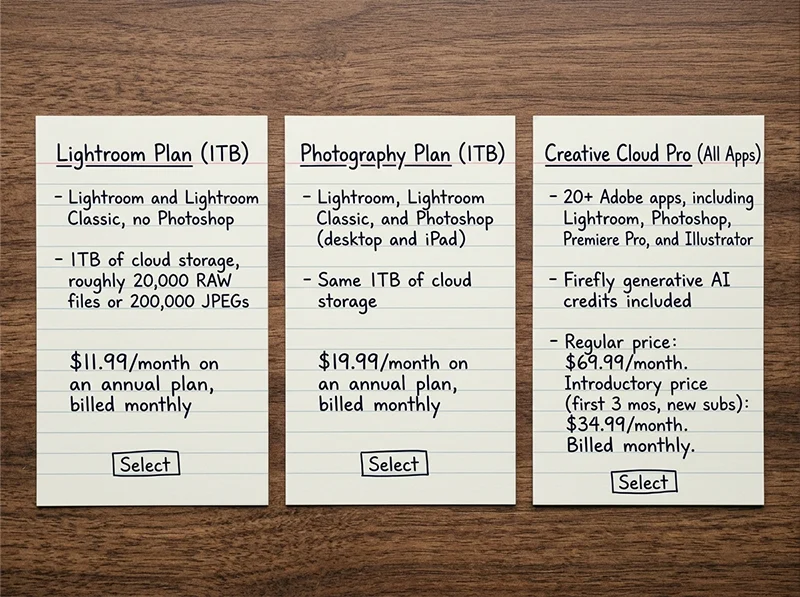 Three handwritten cards comparing Lightroom, Photography, and Creative Cloud Pro plans