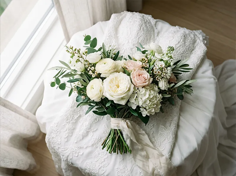 Wedding detail shot of bouquet on white dress in window light processed with Fujifilm Pro 160C Lightroom preset