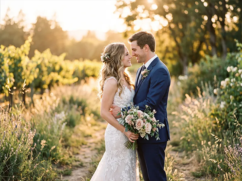 Couple wedding portrait in golden hour light processed with Kodak Portra 400 Lightroom preset