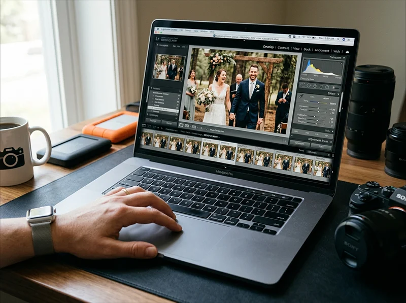 Photographer batch editing a wedding shoot filmstrip in Lightroom