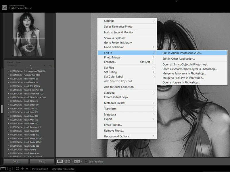 Lightroom right-click menu showing the Edit In Photoshop option