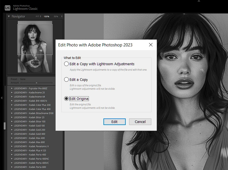 Lightroom dialog box showing Edit a Copy with Lightroom Adjustments, Edit a Copy, and Edit Original options