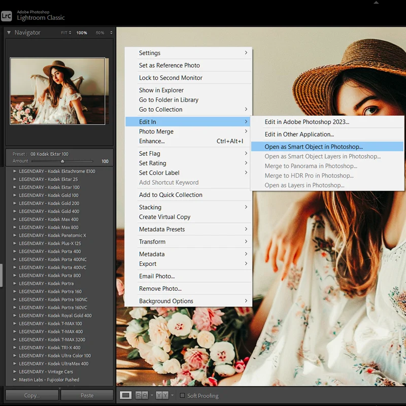 Lightroom context menu showing the Open as Smart Object in Photoshop option