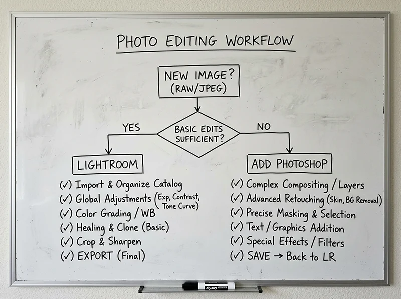 Handwritten decision flowchart for choosing between Lightroom and Photoshop