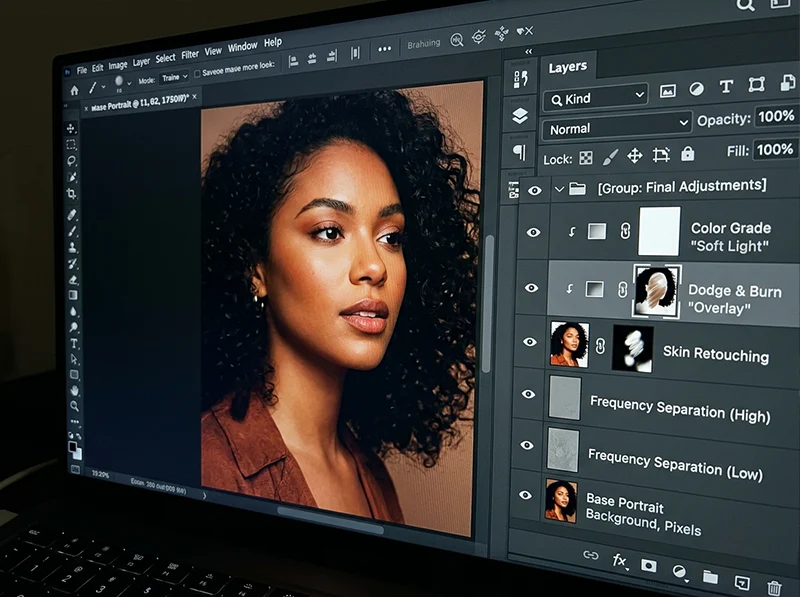 Photoshop Layers panel showing stacked retouching layers on a portrait