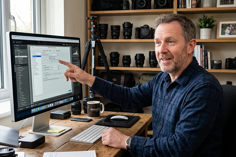 Photographer reviewing Lightroom Classic external editing preferences on his desktop